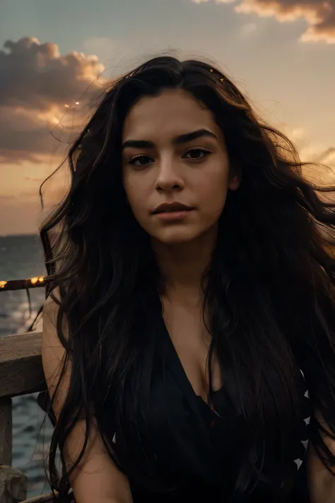 a photograph of a black long wavy hair woman with windswept tresses, her hair entangled like flames against a twilight sky, long sharp nose, thick black eyebrows emanating untamed beauty