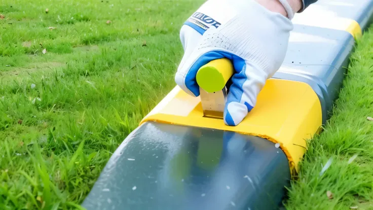 someone is holding a pair of gloves on a yellow BUILDRITE SPECIALTY TOOLS BLUE STEEL CONCRETE HAND EDGER , use to form the cement in the ground line shape, same design, 16k resolution, with expression, realistic image, hyper realistic image
