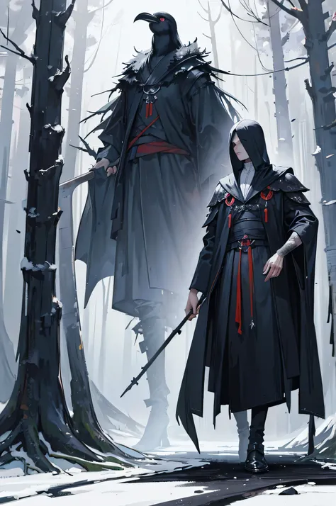 a anthropomorphic crow wearing tattered monks robes walks sadly through the stormy anddark pine forest, highly detailed illustration,concept art, magical realism