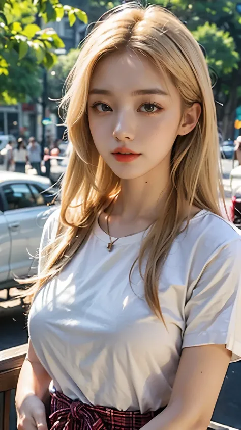 Beautiful park garin women long blonde hair medium size boob casual outfit on the concert crowded sunlight upper body short