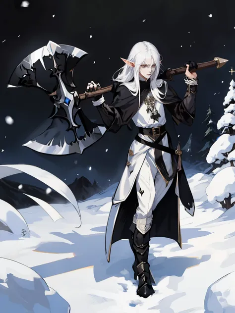 (Best quality:0.8) 1 man, snow-white hair, Slim, black sclera, black robe, long gathered hair, ((elf)), with great axe in hand