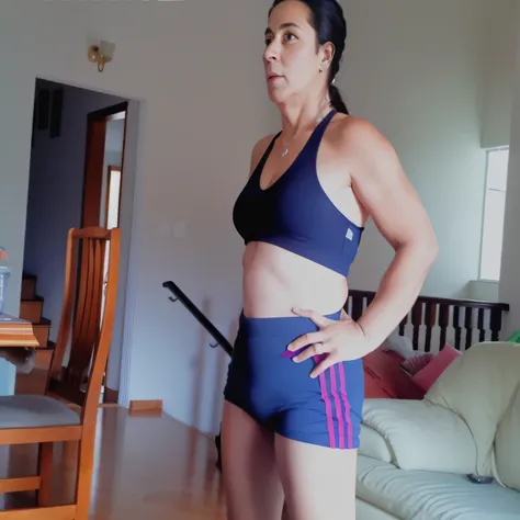 woman in blue sports bra and blue shorts with red vertical stripes, Standing in a living room, sports bra and shorts, sports bra and dark blue shorts, foto adequada, tiro do meio da cintura para cima, plano amplo de corpo inteiro, corte de meio corpo, mulh...