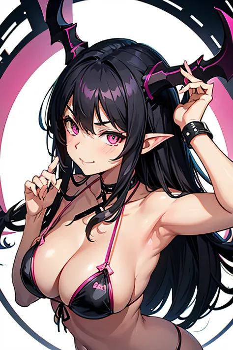 high resolution, 4k, detailed, white background, silhouette, logo, beautiful, charming, anime, succubus, girl, black hair, pink eyes, smug face, cute horns, bikini, in circle