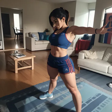 woman in blue sports bra and blue shorts with red vertical stripes, Standing in a living room, sports bra and shorts, sports bra and dark blue shorts, foto adequada, tiro do meio da cintura para cima, plano amplo de corpo inteiro, corte de meio corpo, mulh...