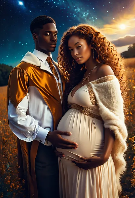 In a celestial landscape, four people dressed luxuous, they are all darkskin, (((young, in 20s))) (((two darskin men and two darkskin woman))), (((two young darkskin long dark hair duke:1.3))), (((one darkskin blonde hair pregnant1.5 woman))) and (((one sh...