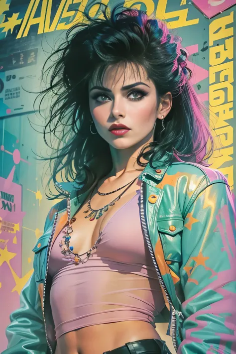 1girl, siouxsie, kim bassinger, punk, pastels, sfw, dynamic, 80s movie poster art style, 90s rave fashion 