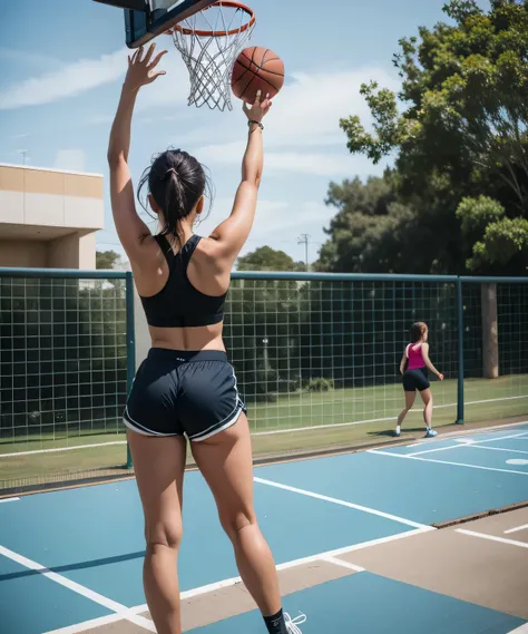 tem uma mulher de blusa preta e short jogando basquete, In shorts, sports bra and dark blue shorts, sports bra and shorts, long shot from behind, blusa preta justa e shorts, em uma academia, filmado como canon 8 0 d, shot from behind, trabalhando fora, ves...