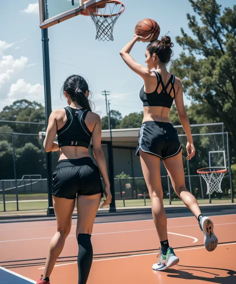 tem uma mulher de blusa preta e short jogando basquete, In shorts, sports bra and dark blue shorts, sports bra and shorts, long shot from behind, blusa preta justa e shorts, em uma academia, filmado como canon 8 0 d, shot from behind, trabalhando fora, ves...