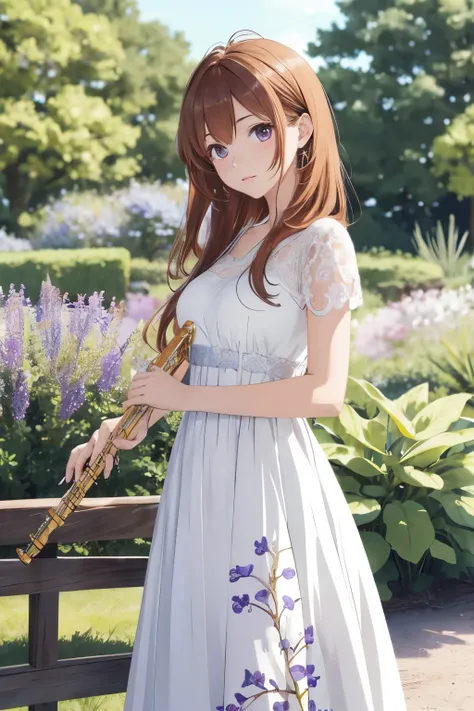 Genera una mujer de ojos azules, vista de lado,Cute Kawai who appears to be approximately 16 years old and has long orange brown hair., with bangs that move slightly with the wind and that she is playing a silver flute and that she is dressed in an elegant...