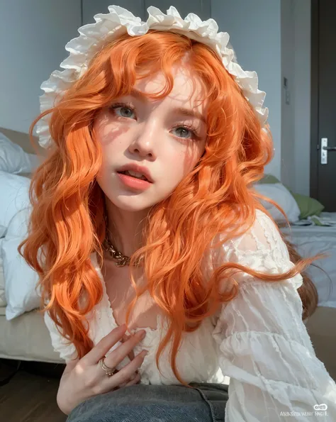 arafed woman with bright orange hair and a white dress, long wavy orange hair, long orange hair, orange hair, bright orange hair, orange skin and long fiery hair, orange glowing hair, orange flowing hair, she has long redorange hair, ginger wavy hair, very...