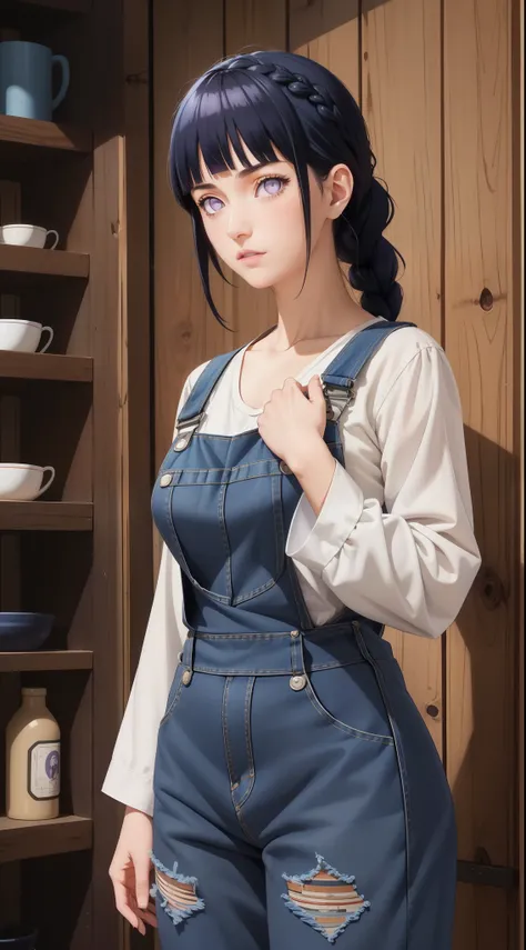 masterpiece, best quality, ultra-detailed, illustration,1girl,
long hair, dark blue hair, french braid, purple eyes, blunt bangs, 
shirt, (denim overalls:1.1),
medium breast,  
looking at viewer, hinata(shippuden)