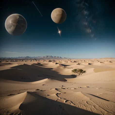 8k masterpiece, ((scene with daylight)), ((soft light)) it is daytime on a totally desert planet and we see the sky with two moons and full of large spaceships with complex structures, celestial landscape, stars and nebulae