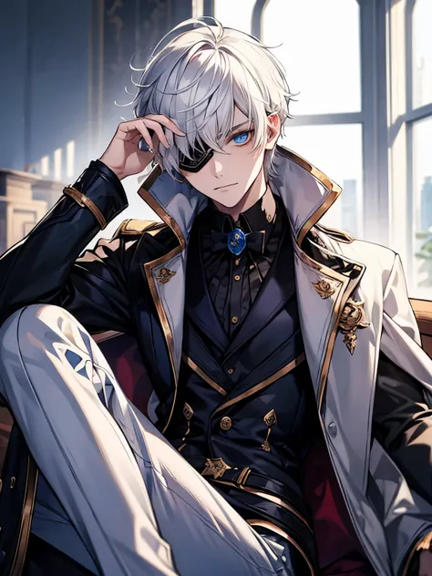 White hair, blue eyes, mysterious, cool, male short hair, coat, teenager, one eyed masquerade mask, sitting