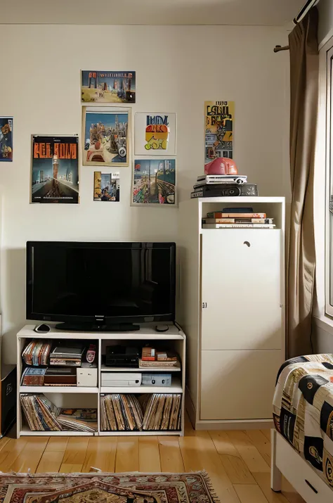 Un adolescente&#39;Room from 2006 where there is a dresser with a square television and many DVDs., libros, pegatinas, posters