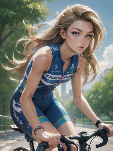 high quality,HD,16k,sharp lines,1 girl,Female cycling athlete ,cute face, large breasts, nice legs,At the cycling venue,focus girl,detailed beautiful face,detailed clothes,beautiful eyes,cool,dynamic angle