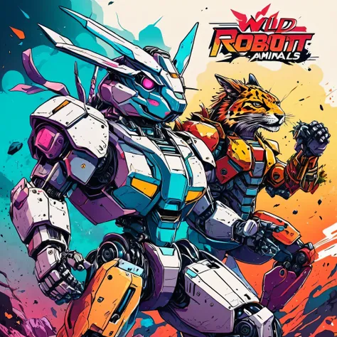 Capa, desenho colorido, manga style, wild robots fighting animals