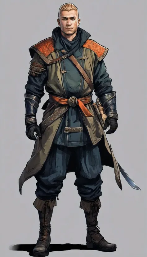 :: ((Artwork)) portrait in profile, fantasy, ((Middle Ages, maintaining the correct color rendering in the Scandinavian style.)), ninja :: male, ((Nordic type)), High, Trained physique, cold-blooded character :: ((wearing an old jacket over a tunic with a ...