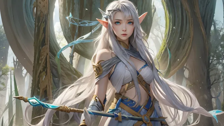 (masterpiece), 8k, best quality, full body panoramic view, Elf, young, 17 years old, with slightly flushed white skin, subtly contrasting with her long, silvery hair that cascaded over her shoulders that seemed to shine under the Sun light. Her body was sl...