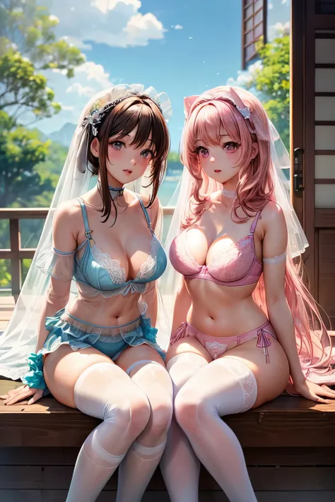 ((2 girls)), ((highest quality)), (super detailed), (very detailed CG 統合 8k 壁紙), very detailed, High-definition RAW color photo, professional photography, ((beautiful big breasts)), ((bare chest)), (pink hair ornament), peanut butter brown hair, wonderful ...