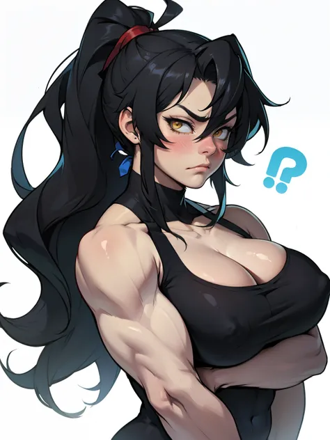 girl muscles huge breasts pale skin very long hair black hair yellow eyes sad blushing solo frown ponytail