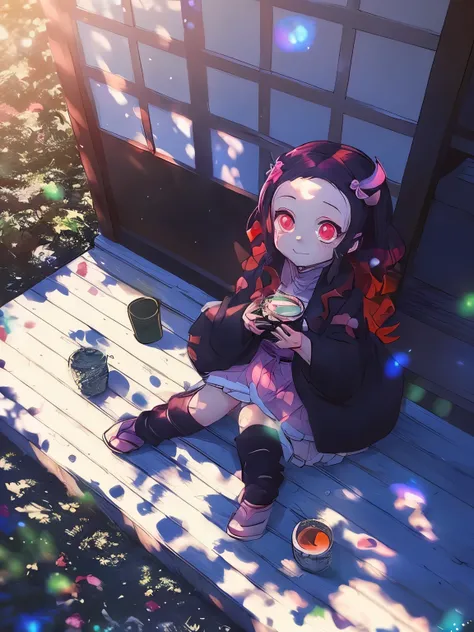 anime girl sitting on a porch with a cup of tea, nezuko-chan, anime style 4 k, demon slayer rui fanart, cute art style, nezuko, demon slayer artstyle, eating outside