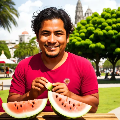 Peruvian smiling man eating a watermelon in a park, comida peruana, Peruvian foods, dibujo realistas, detalles vibrantes, sombreado profundo, cinematic lighting, pelos sueltos, comida deliciosa, Peruvian delight, scene of a happy Peruvian man eating a wate...