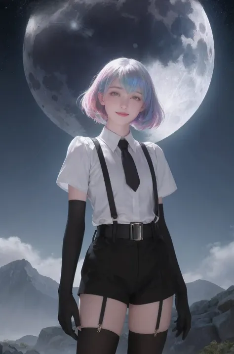 masterpiece, best quality, diamond, multicolored hair, multicolored eyes, black shirt, suspenders, elbow gloves, necktie, short shorts, belt, white thighhighs, looking at viewer, arms behind back, smile, sky, night sky, stars, moon