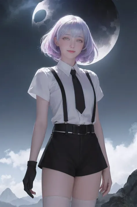 masterpiece, best quality, diamond, multicolored hair, multicolored eyes, black shirt, suspenders, elbow gloves, necktie, short shorts, belt, white thighhighs, looking at viewer, arms behind back, smile, sky, night sky, stars, moon