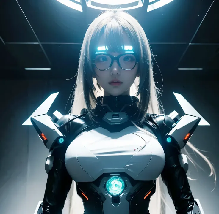 anime girl with futuristic body and glasses standing in a dark room, perfect android girl, girl in mecha cyber armor, perfect anime cyborg woman, cyberpunk anime girl mech, best anime 4k konachan wallpaper, anime manga robot!! anime girl, android heroine, ...