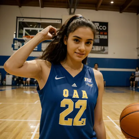 1 chica de pie, vistiendo una camiseta de baloncesto, muy detallado, realista, sosteniendo la pelota, 27 years old, pelo largo