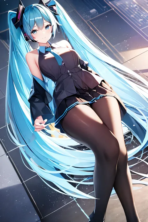 hatsunemiku, miku hatsune, ahoge, aqua eyes, aqua hair, crossed bangs, hair between eyes, hair ornament, headphones, long hair, twintails, BREAK aqua necktie, black footwear, black skirt, black sleeves, boots, collared shirt, detached sleeves, grey shirt, ...