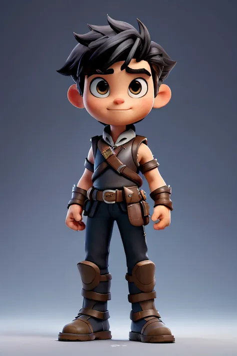 masterpiece, best quality, 8k, official art, cinematic light, ultra high res, 1 young man, solo, sleeveless leather armor, black spiky hair, dark eyes, boots, standing, full body, short hair, big head, big eyes, holding staff, warrior druid, fantasy, white...