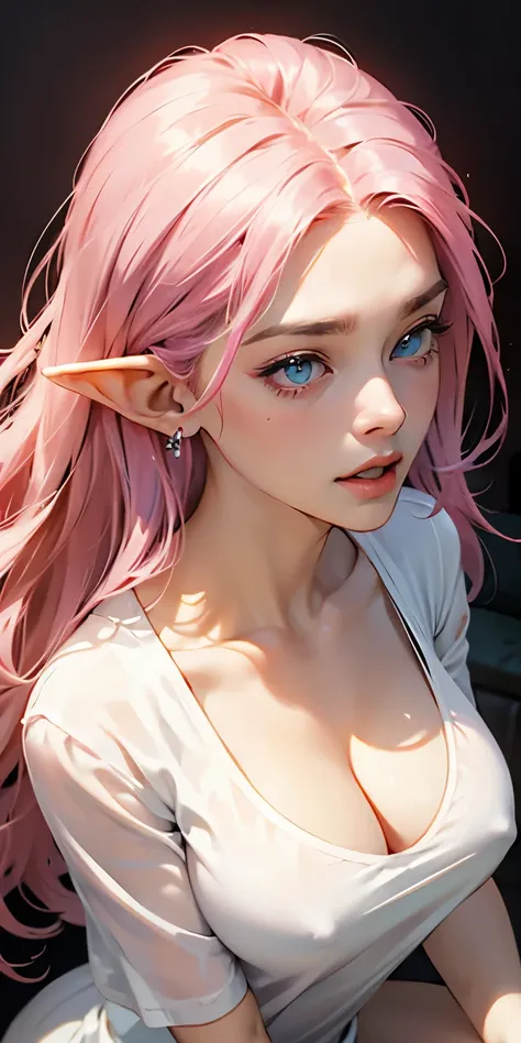 ，pink hair 28 year old girl，elf, earrings , 、Face Real，Wearing a white sheer T-shirt、Open your mouth wide to the maximum、Sit on the bed、Look straight up and look at us、deep v neck, Cleavage emphasis，(Super large zoom of chest)、no BRA、sexly, dripping on bre...