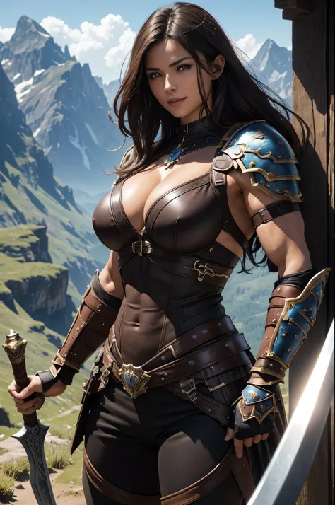 8K,realistic, A very large muscular female warrior,Woman with fearless features(like the real thing),Sexy black and brown chest armor with very big breasts,Open your mouth wide and laugh cheerfully,very big eyes,blue eyes,medium brown hair,muscular and mac...