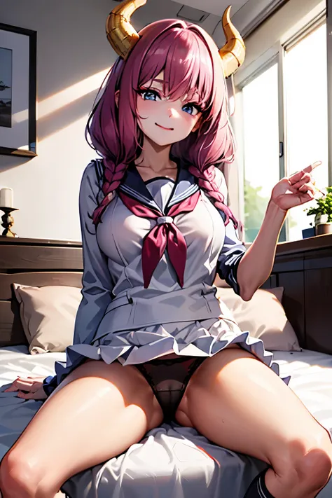 very delicate and beautiful girl,8k wallpaper,masterpiece,danntoudainoaura,Bedroom,1 girl,alone,devil&#39;s horns,devil girl,long hair,medium breasts,(school uniform),((loose socks)),pumps,white blouse,(sit on bed),looking at the viewer、Photo from below、((...