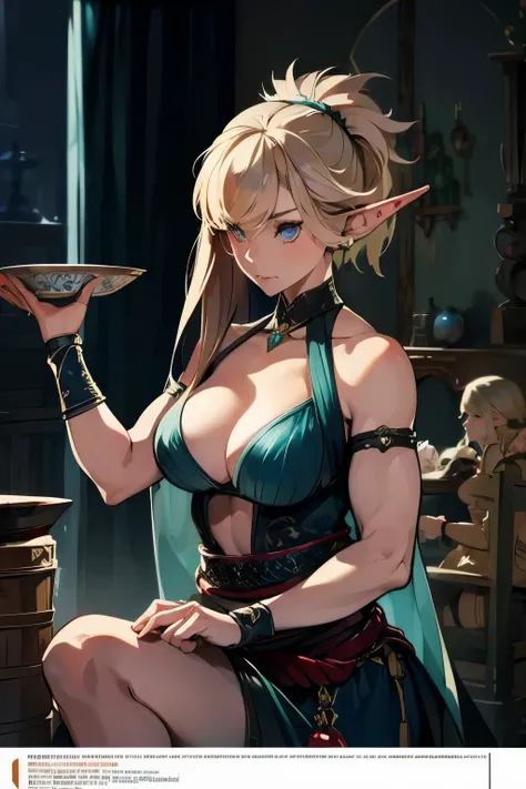 ((masterpiece, best quality)), (elven ears), female elf, female blonde elf with blue eyes in a crowded tavern, stunning character art, character art, of a beautiful female elf, athletic body, muscular:1.3, Well trained, abs, epic exquisite character art, c...