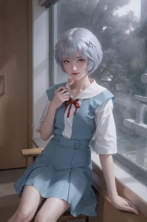 1 girl, Ayanami, Evangelion, 8K, best quality, school uniform, classroom, gentle smile, sitting in chair, looking out the window, dusk light, more details