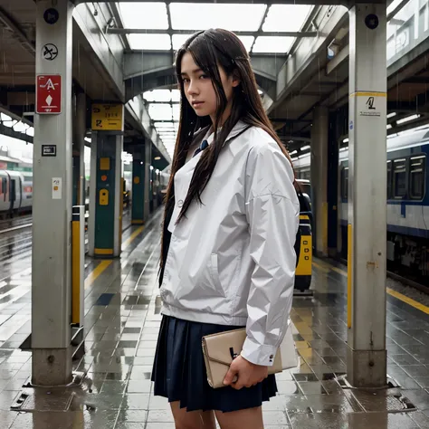 Shoulder-length hair boy in school uniform standing at a train station in the rain in anime style.