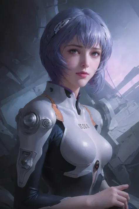 (best quality,4k,8k,highres,masterpiece:1.2),ultra-detailed,(realistic,photorealistic,photo-realistic:1.37),rei ayanami,adult version,30 years old,evangelion body suit,dark,long purple hair,beautiful detailed eyes,beautiful detailed lips,extremely detailed...