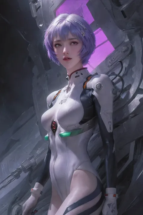 (best quality,4k,8k,highres,masterpiece:1.2),ultra-detailed,(realistic,photorealistic,photo-realistic:1.37),rei ayanami,adult version,30 years old,evangelion body suit,dark,long purple hair,beautiful detailed eyes,beautiful detailed lips,extremely detailed...