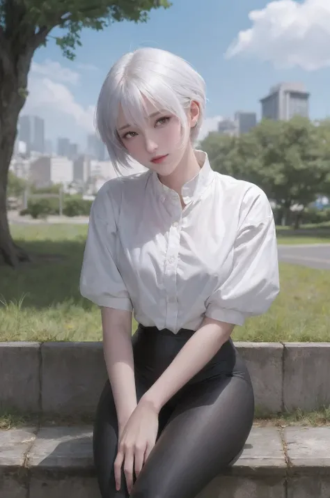 A Masterpiece, best qualityer, 1girl, Ayanamirei, white shirt, black leggings, Seated, wide thighs, looking at viewer, City Park, erotica