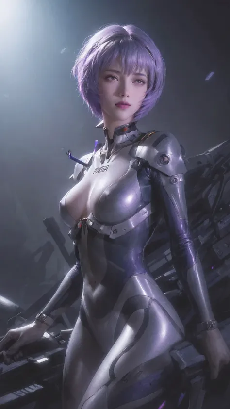 cowboy shot,rei ayanami,adult version,40 years old,evangelion body suit,dark,long purple hair,beautiful detailed eyes,beautiful detailed lips,extremely detailed eyes and face,long eyelashes,serious expression,futuristic city backdrop,neon lights,blue and p...