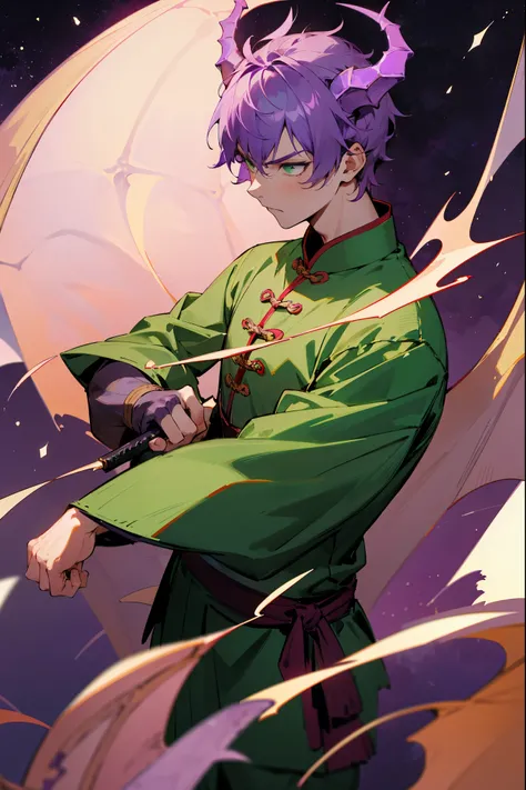 1male, short rough hair, purple hair, dragon horns, green eyes, dragon scales, dark martial arts clothing, serious expression, starry background, martial arts school background, detailed background, standing on path