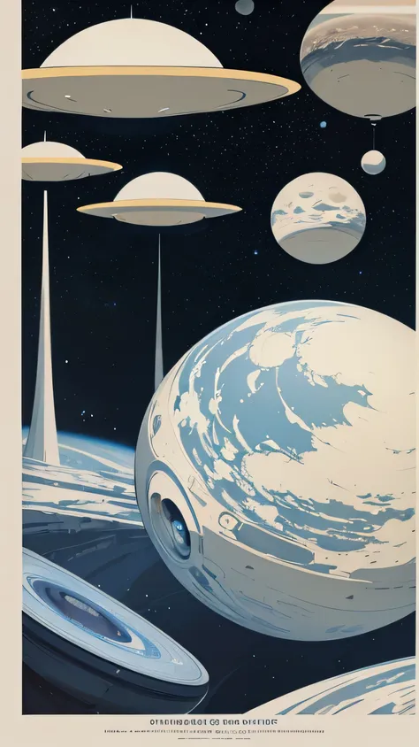 nasa travel style poster of a alien planet chrome and silver