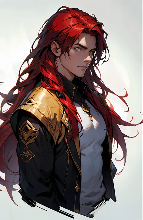 highest quality, 8K, image high resolution, Detailed strokes, natural lighting, 1man, male, mature male, ((red long hair)), mature, looking at viewer, yellow detailed eyes, ((half body view))