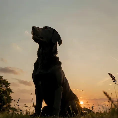 Schwarzer Labrador sitzt aif Feld und schaut in den Sonnenuntergang