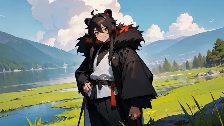 young boy, panda ears, Wearing a black fur coat,white marial arts shirt, black pants, Wearing headphones, Standing position, sunlight, art stations, grassy background, close up, brown eyes, smiling, cloudy skys, rocky terrain, lake in the background, long ...