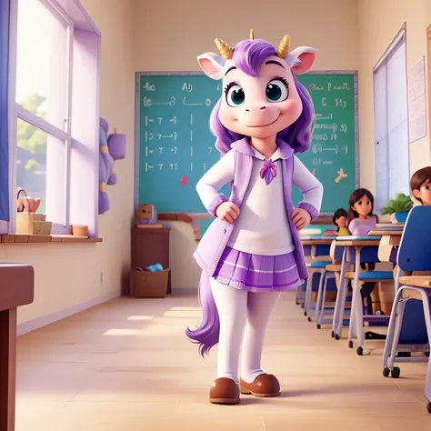 A tailless cow dressed as a unicorn in a classroom, taking integral calculus. Estilo poster de disney pixar