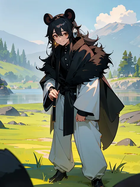 young boy, panda ears, Wearing a black fur coat, black shirt, white pants, Wearing headphones, Standing position, sunlight, art stations, grassy background, close up, brown eyes, smiling, cloudy skys, rocky terrain, lake in the background, long hair, marti...