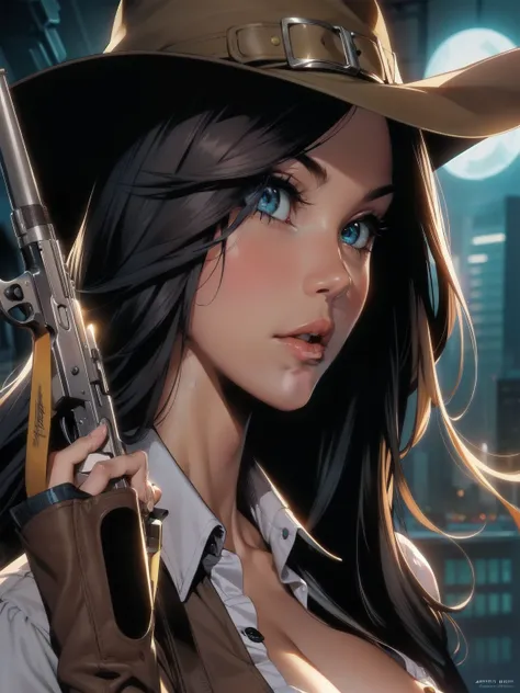 a close up of a woman with a gun in a western style outfit, zenescope, western comic art, inspired western comic, western comic book art, artgerm and j. dickenson, western comic book style, martin ansin, artgerm comic, moebius + artgerm, graphic artist art...